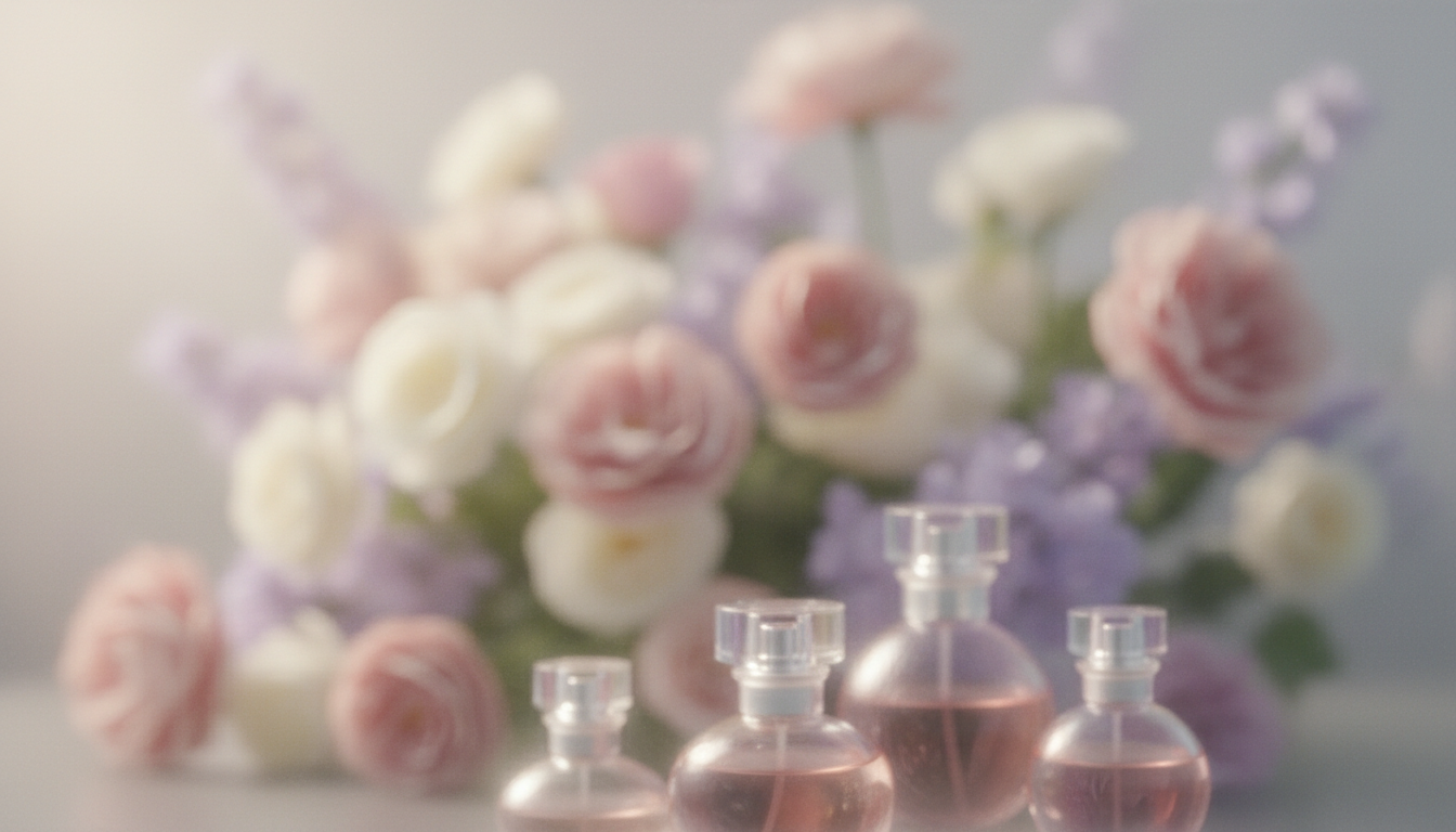 a blurry image with flowers and perfume bottles, soft focus, gentle style, matching the current website aesthetic